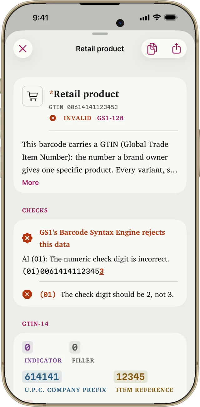 Barcode Breakdown on an iPhone, marking GTIN 00614141123453 as Invalid: GS1’s Barcode Syntax Engine rejects it because the check digit should be 2, not 3.